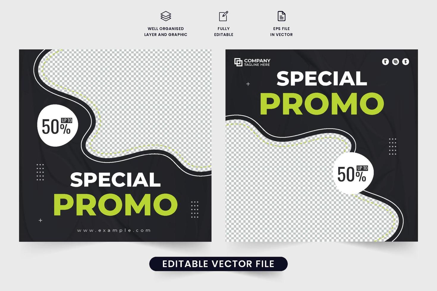 design de modelo de desconto de restaurante especial com cores brancas e verdes em fundos escuros. vetor de banner web promocional de negócios culinários com oferta de desconto. design de cartaz promocional de comida.