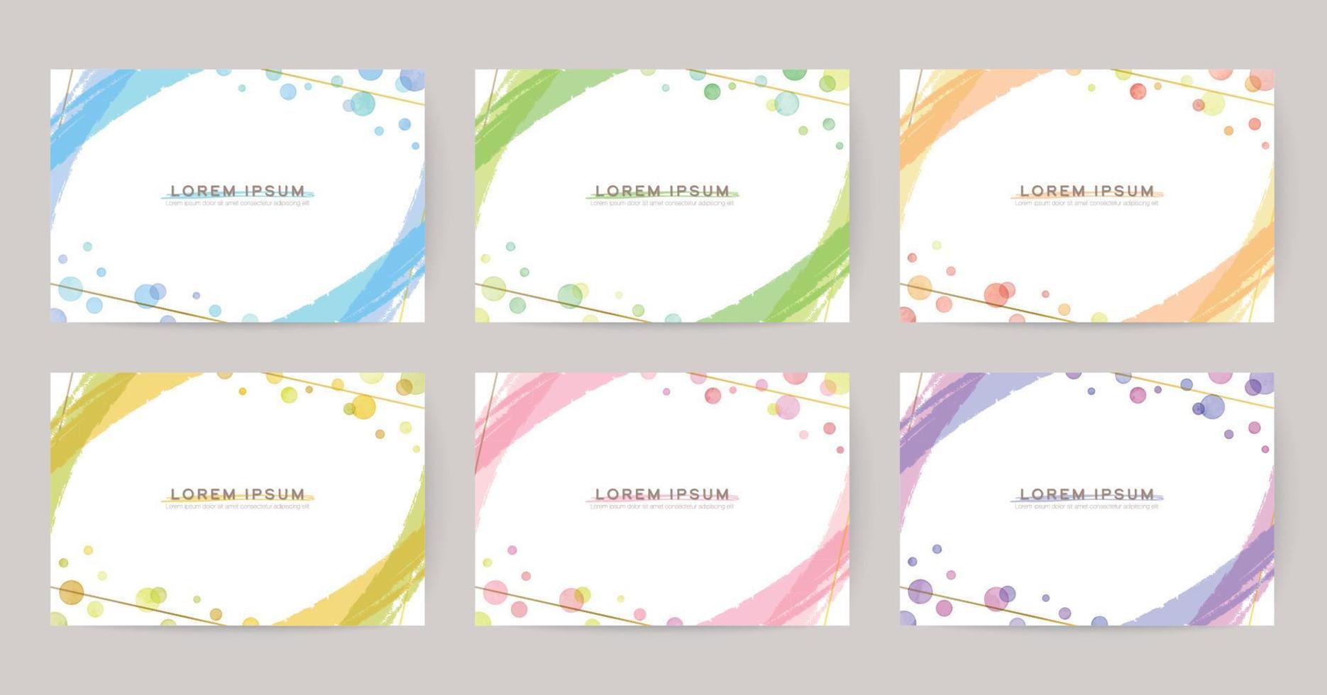 modelos de design vetorial de cartão, bolhas coloridas em aquarela, linhas douradas vetor
