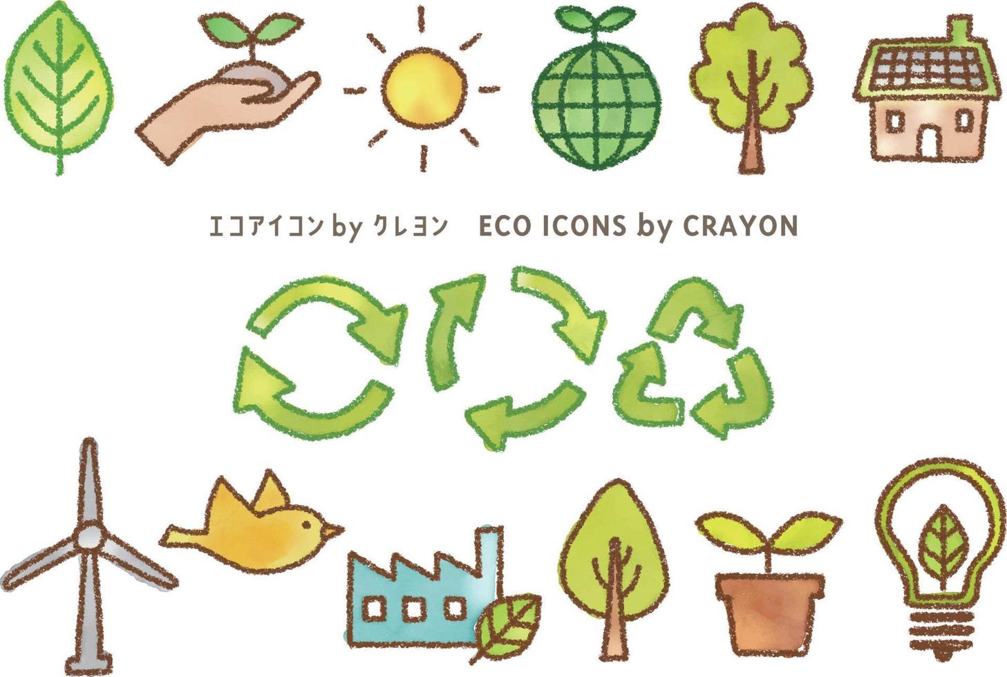 ícones ecológicos desenhados à mão por crayon vetor