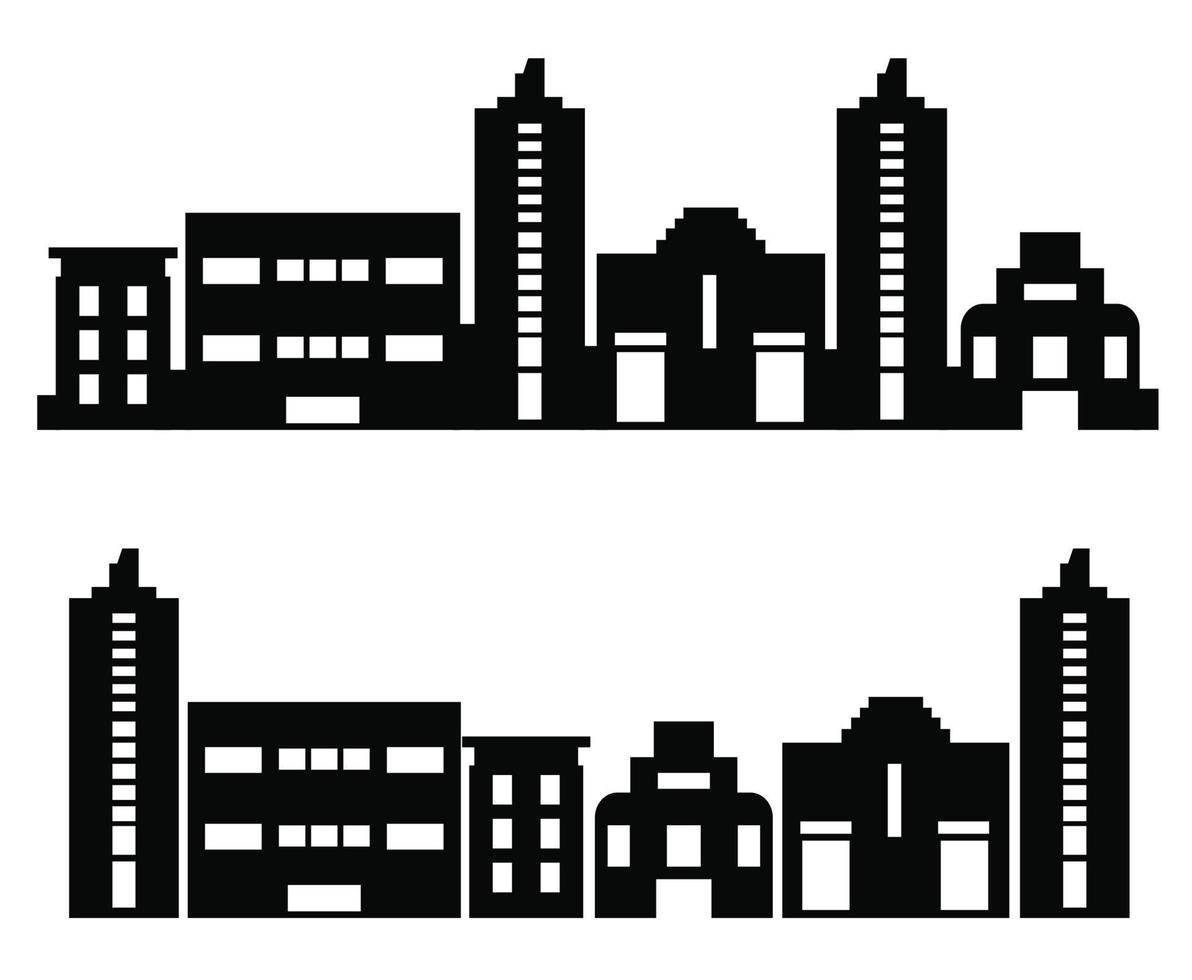 em um fundo branco, um conjunto vetorial plano de ilustrações de edifícios da cidade de arquitetura em silhuetas sob várias construções vetor