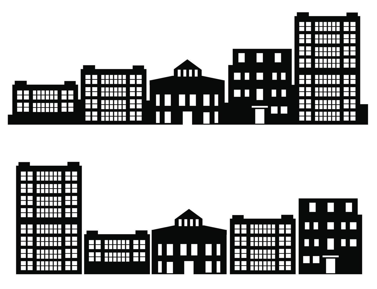 em um fundo branco, um conjunto vetorial plano de ilustrações de edifícios da cidade de arquitetura em silhuetas sob várias construções vetor