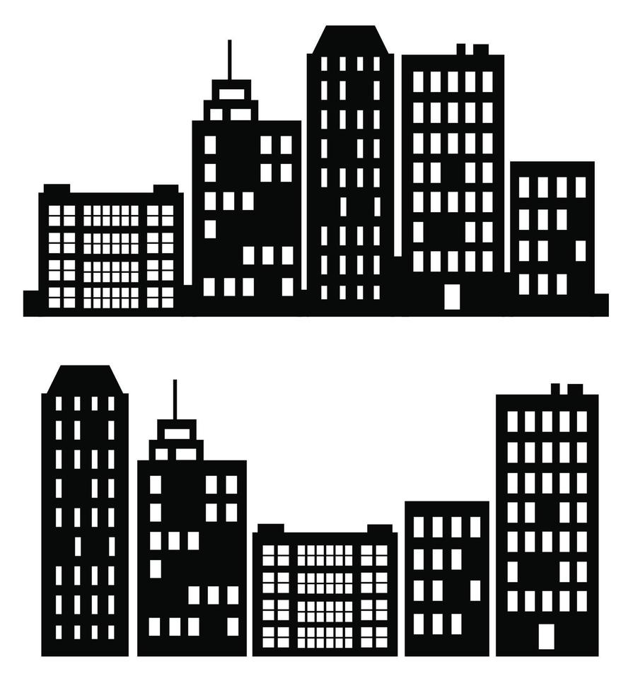 os edifícios da cidade mostram em silhueta diferentes ilustrações de conjunto de vetores de construção isoladas no fundo branco. preto em silhuetas planas de arranha-céus e prédios baixos. conjunto de construções arquitetônicas