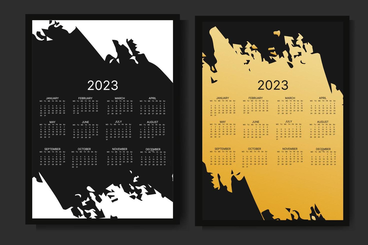 calendário mensal clássico para 2023. calendário com formas abstratas, cor preta e dourada, ilustração vetorial. vetor