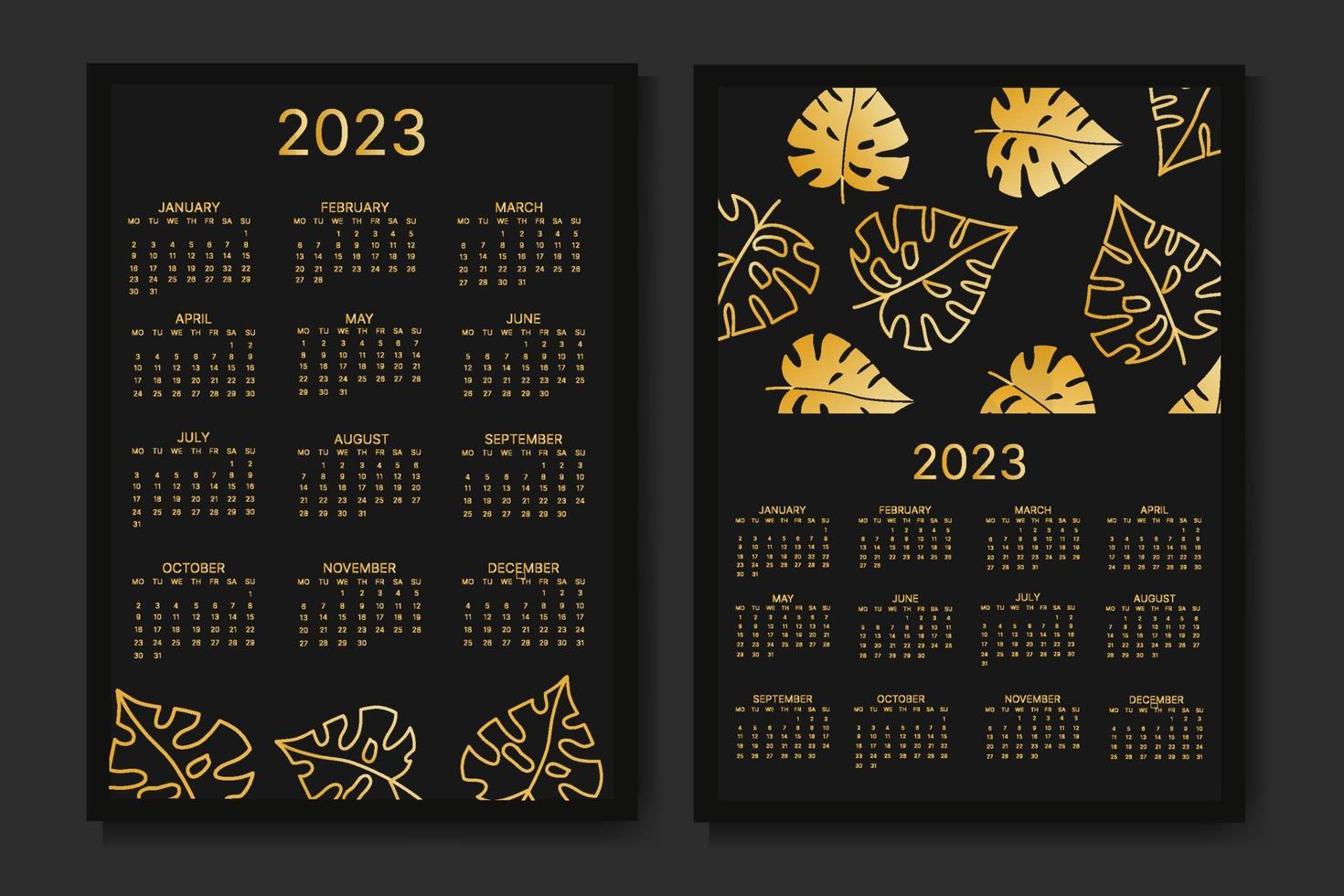 calendário mensal clássico para 2023. calendário com folhas monstera, cor preta e dourada. vetor