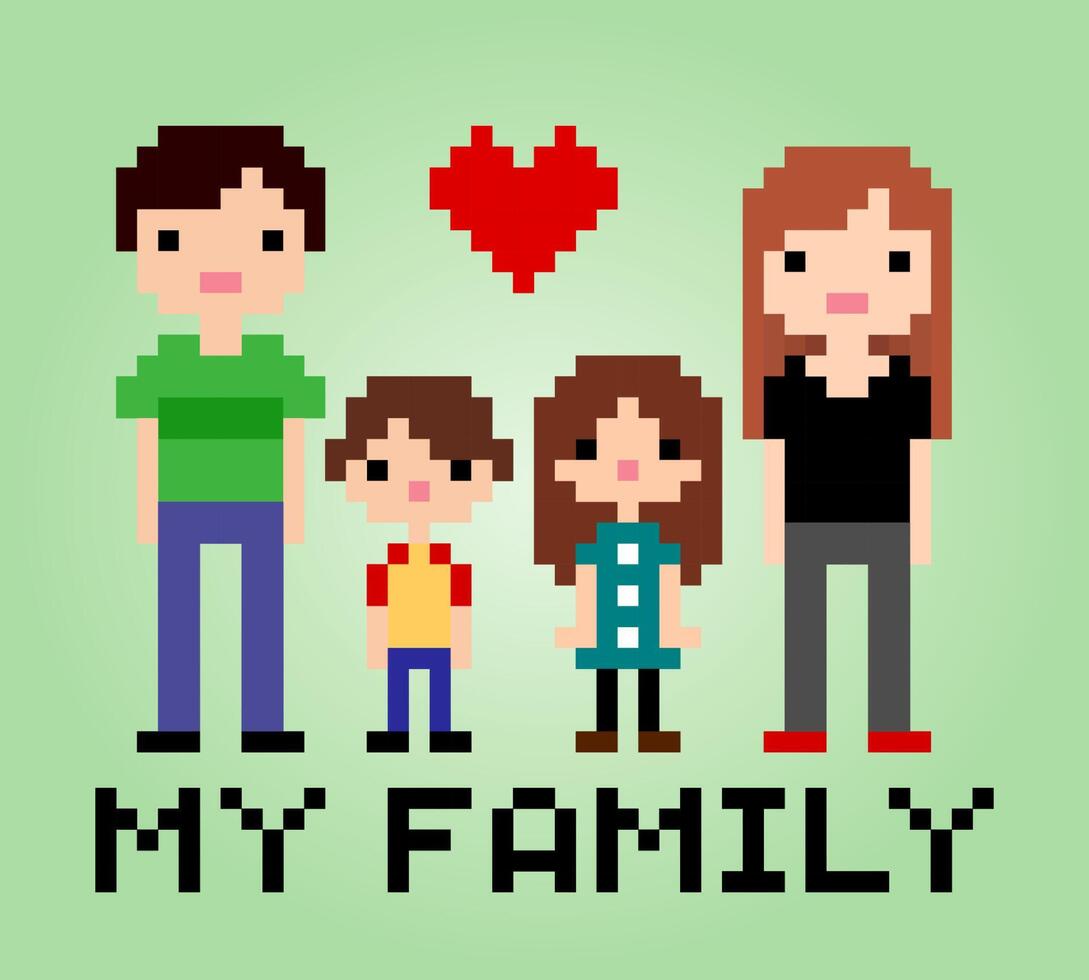 Pixel de 8 bits amo minha família, em ilustração vetorial para padrão de ponto cruz vetor