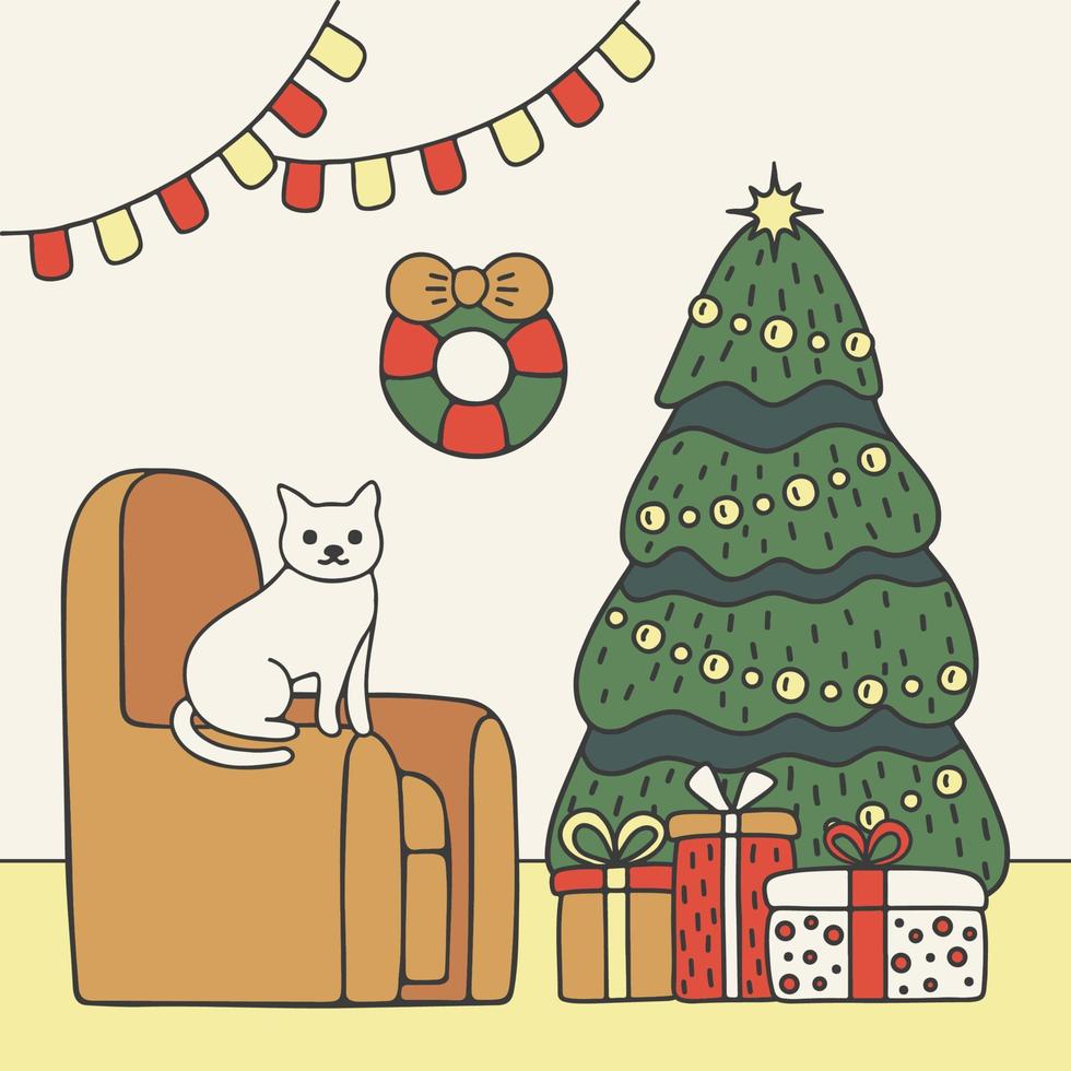 sala de estar da casa, gato na poltrona com árvore de natal, interior decorado para as férias de natal. dentro da casa fica enfeitado com presentes. cartão nas férias de inverno. ilustração vetorial vetor