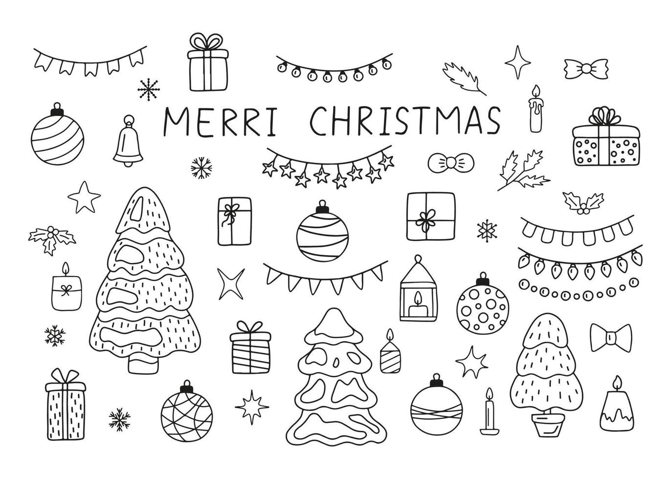 elementos de natal pinheiro, guirlanda, presente, fita, conjunto de estrelas, estilo de linha doodle. decoração de desenho de esboço. ilustração vetorial vetor