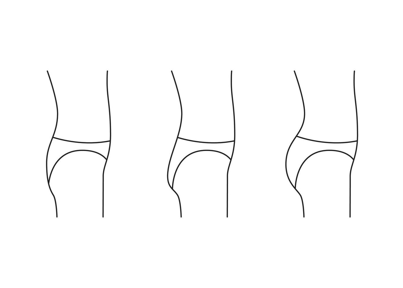 tipos de mulher de bunda, lado da nádega de forma, ícone de linha. aumento, remodelar as nádegas de pequeno, plano no saque completo. procedimentos médicos cosméticos, clínica de cirurgia plástica. ilustração de contorno vetorial vetor