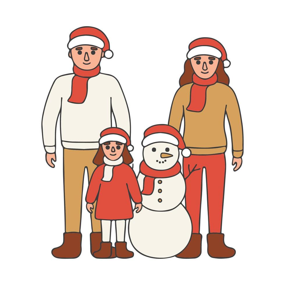 família faz boneco de neve, pessoas em roupas de inverno, estilo doodle. personagem desenhado à mão na temporada de férias de inverno. ilustração vetorial vetor