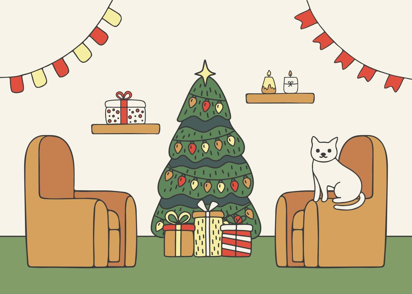 sala de estar da casa, gato na poltrona com árvore de natal e presente, interior decorado para as férias de natal. dentro da casa ficar em abeto. cartão nas férias de inverno. ilustração vetorial vetor