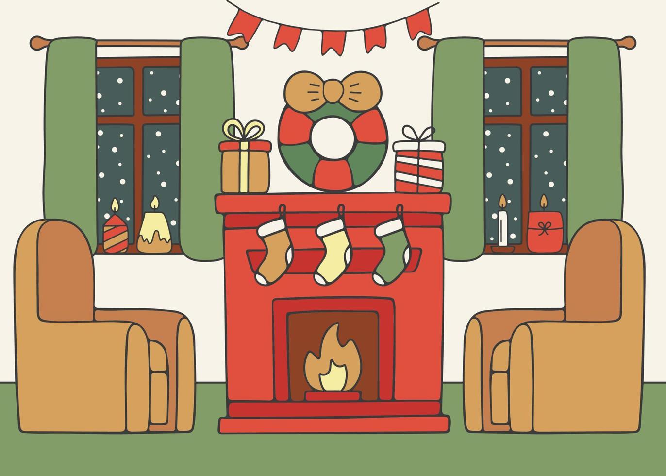 casa sala de estar com lareira e coroa de flores, interior com móveis decorados para as férias de natal. dentro de casa com presentes, fogo em casa. cartão nas férias de inverno. ilustração vetorial vetor