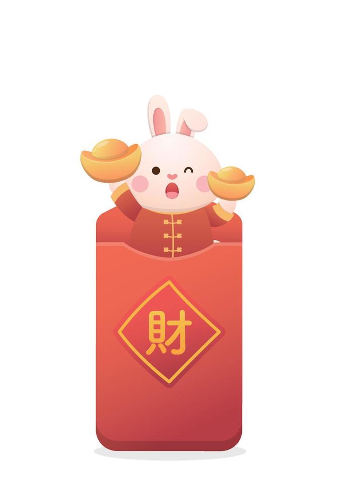 cartaz para o ano novo chinês, personagem de coelho fofo ou mascote com saco de papel vermelho ou envelope vermelho com lingote de ouro vetor