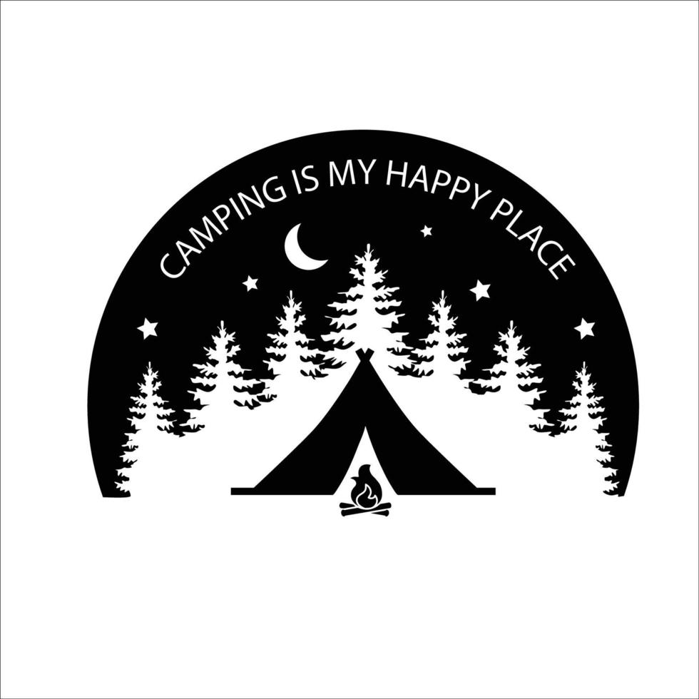 slogans ou citações decoradas com elementos de viagem e aventura - mochila, montanha, barraca de acampamento, árvores da floresta. ilustração vetorial criativa em cores preto e branco vetor