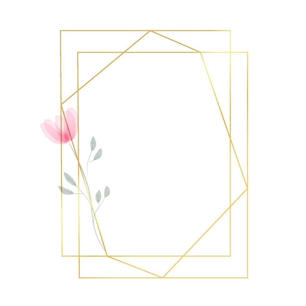 moldura geométrica ouro com flor em estilo aquarela. moldura poligonal de luxo para decoração do dia dos namorados, convites de casamento, cartões comemorativos. ilustração vetorial isolada no fundo branco vetor