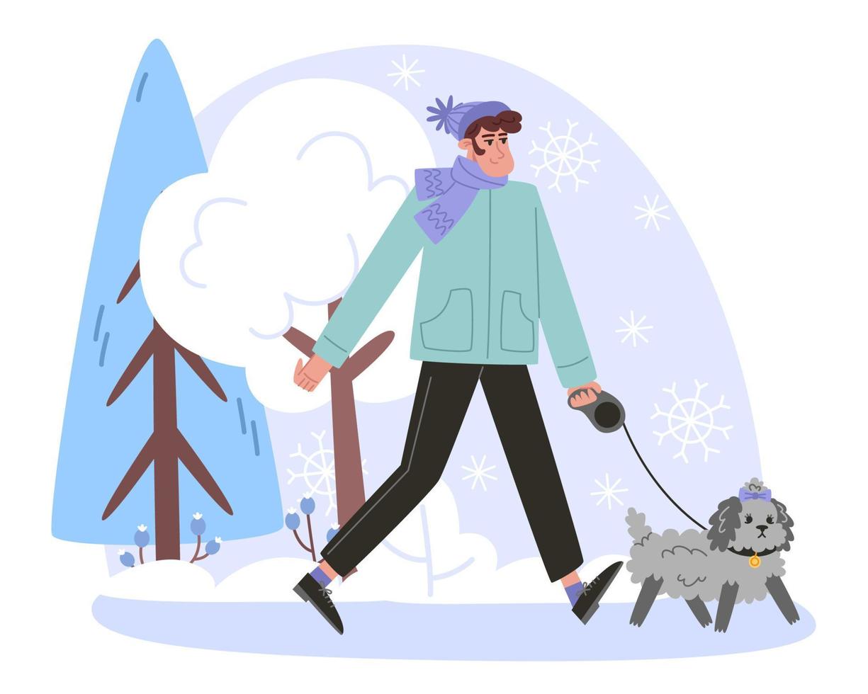 jovem andando com um pequeno cachorro encaracolado na floresta de inverno vetor