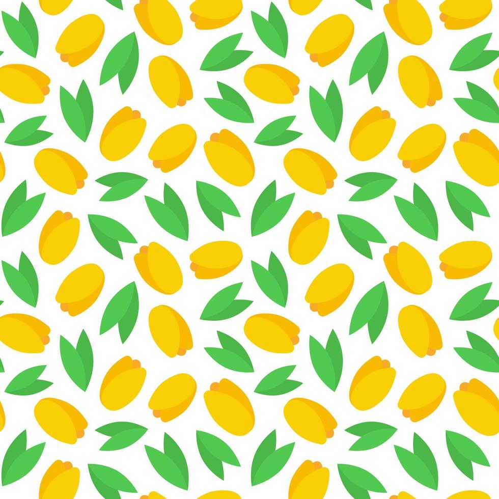 padrão sem emenda floral. ilustração vetorial botões amarelos de tulipas e folhas verdes sobre fundo branco. design de papel têxtil e de embalagem. vetor