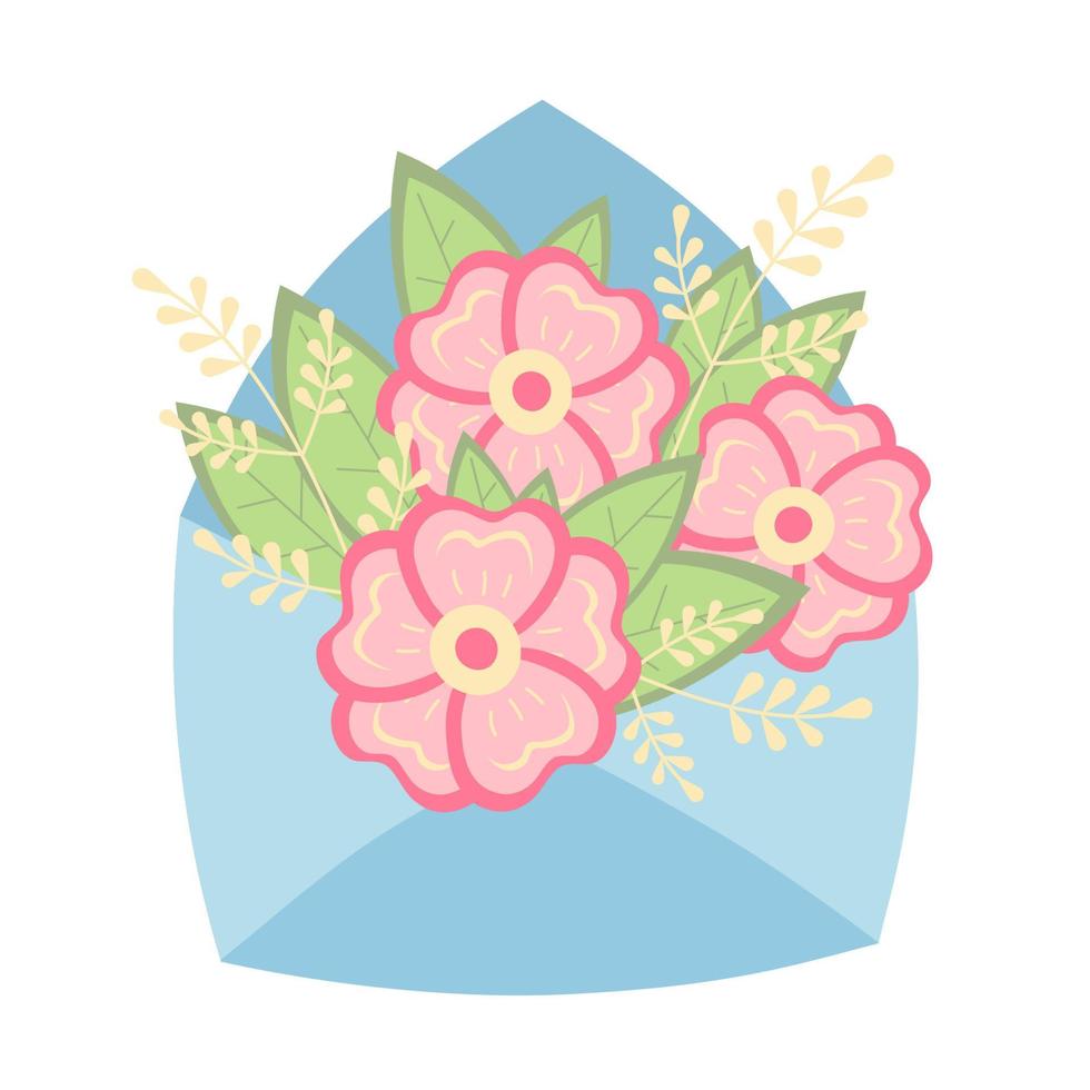 envelope com flores. ilustração vetorial com elementos de flores e plantas cor de rosa. design para cartão de felicitações. vetor