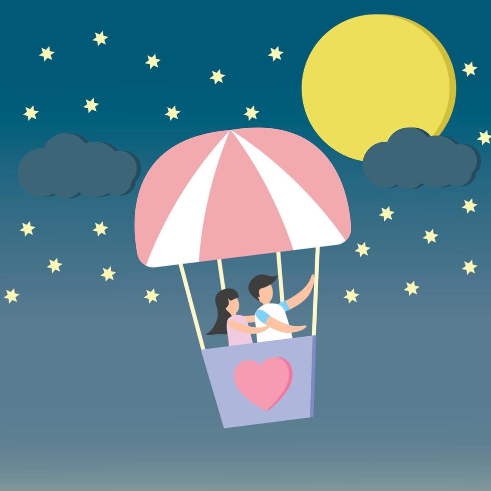 alegre lindo casal em balão juntos à noite lua estrela amor coração conceito dia dos namorados banner decoração.vector ilustração papel arte amor estilo amor conceito festival de venda do dia dos namorados. vetor