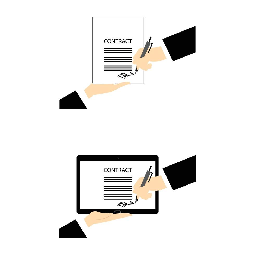 assinatura de contrato em papel e em tablet isolado no fundo branco vetor