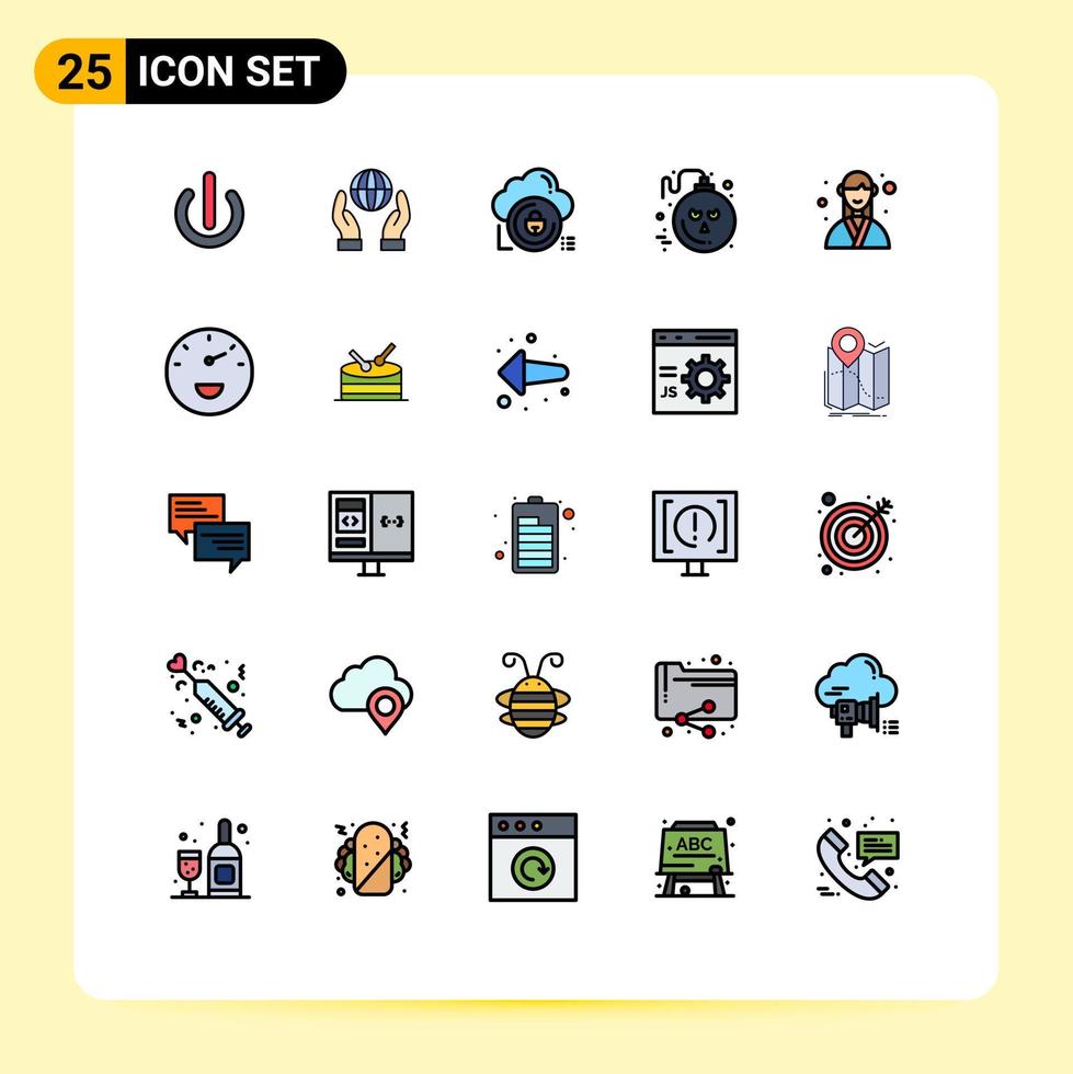 conjunto de cores planas de linha cheia de interface móvel de 25 pictogramas de elementos de design de vetor editável privado de nuvem de terror de designer