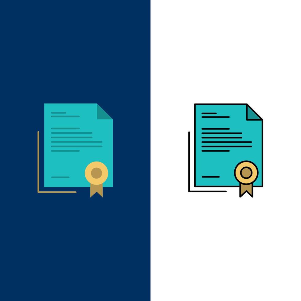 certificado diploma de negócios documento legal carta ícones de papel plano e conjunto de ícones cheios de linha vector fundo azul