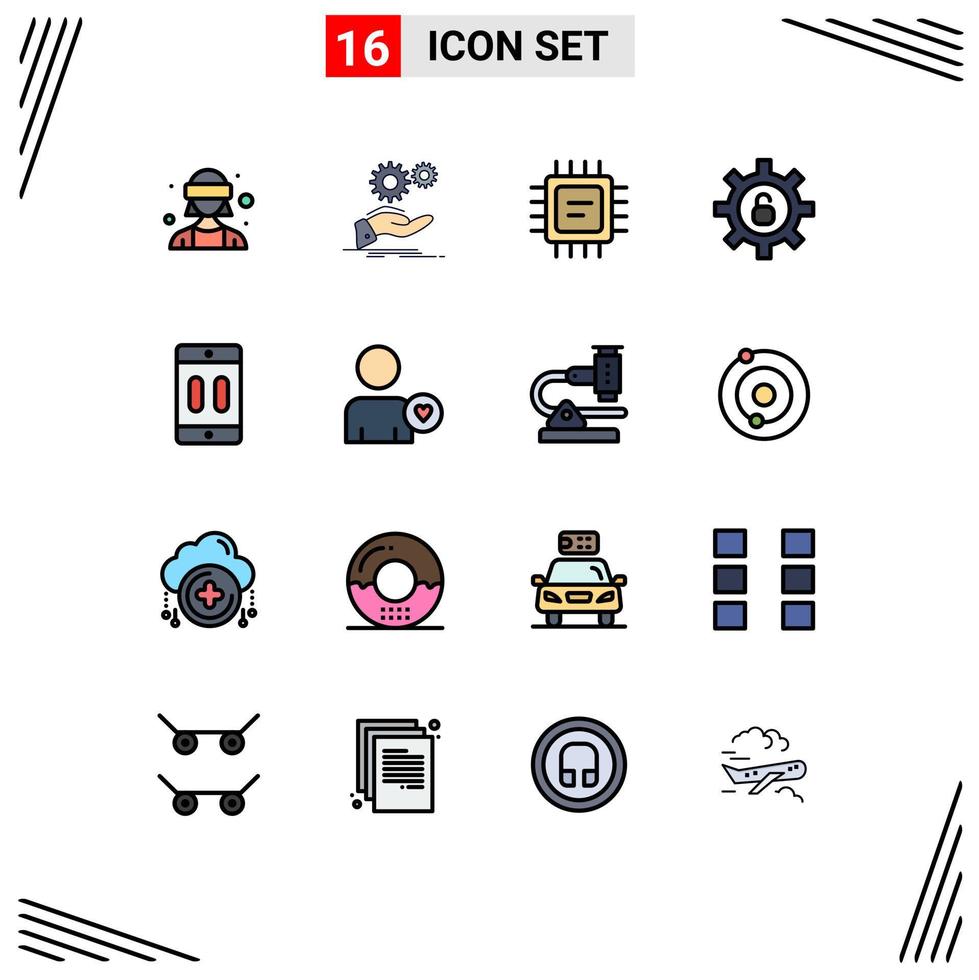 pacote de interface do usuário de 16 linhas básicas cheias de cores planas de dispositivos configurações de serviços de celular proteção elementos de design de vetores criativos editáveis