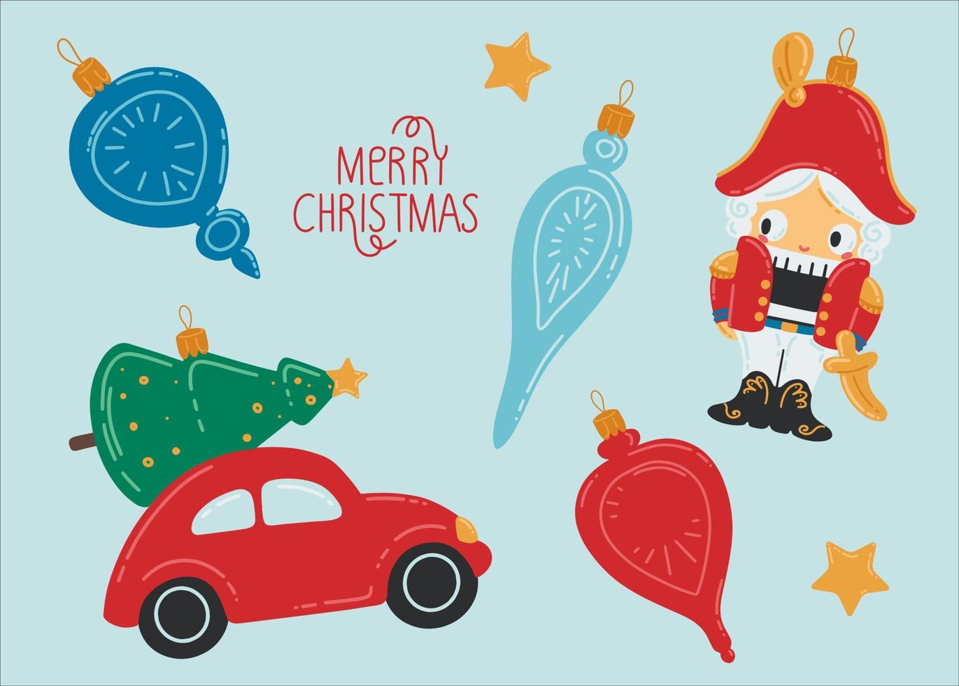 brinquedos da árvore de natal. bolas decorativas, um carro vermelho com uma árvore de natal e um quebra-nozes. design de cartão de férias. ilustração colorida do Natal do vetor. ilustração de ano novo. vetor