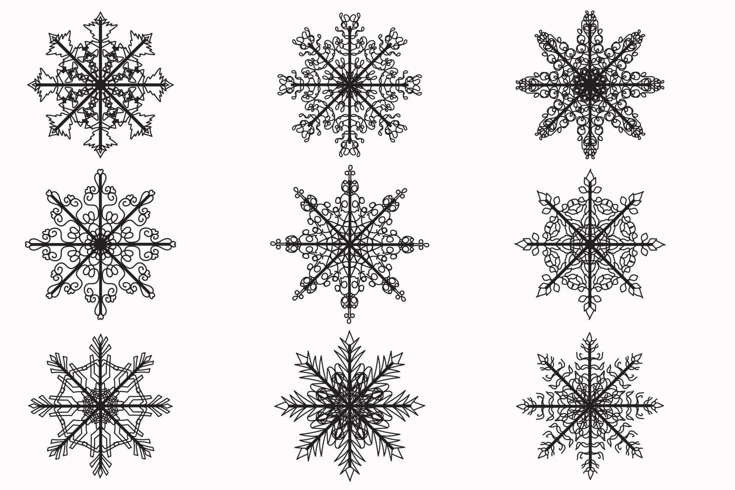 a imagem mostra vários flocos de neve pintados em contorno preto, destinados ao ano novo, cartões postais, impressão de roupas e tecidos e outras ocasiões vetor