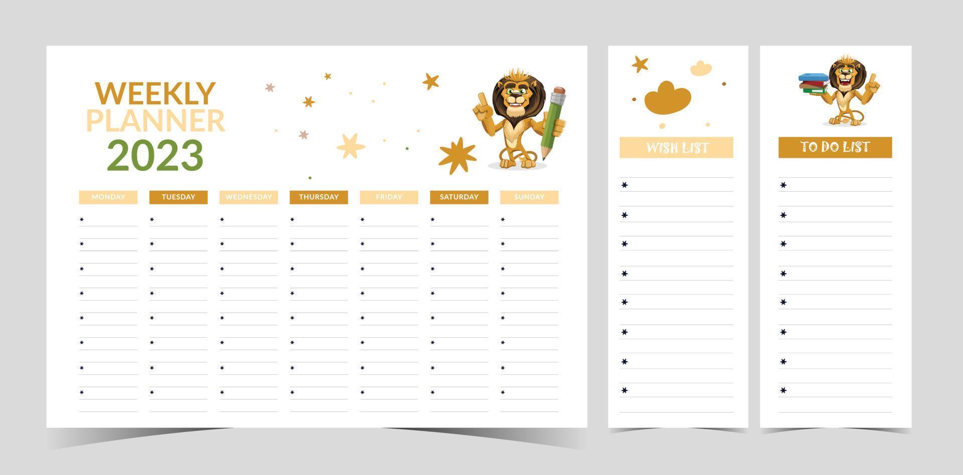 planejador semanal com lista de desejos, para fazer a ilustração da lista para criança. calendário para tabela de vetores de alunos do ensino fundamental com leão fofo, nuvem, estrela. modelo de design de programação infantil.
