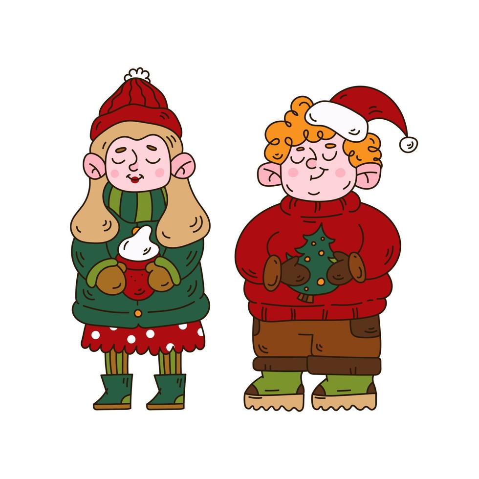 personagens de natal menina e menino com chapéu de papai noel e blusas. ilustração de natal bonito doodle vetor
