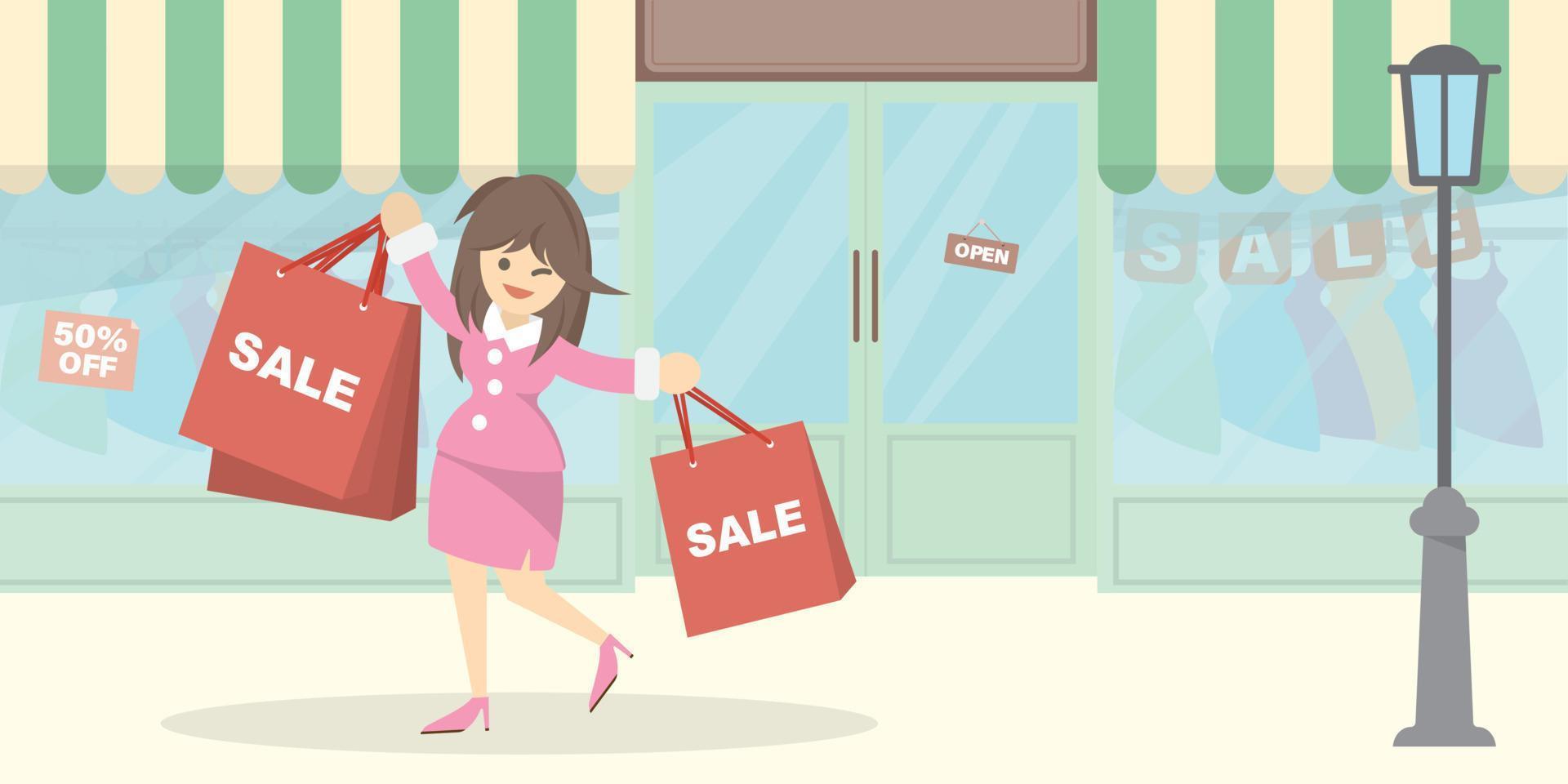 mulheres felizes com sacolas de compras nas mãos na frente da loja de moda durante a temporada de venda ou desconto. ilustração plana de desenhos animados em vetor. vetor