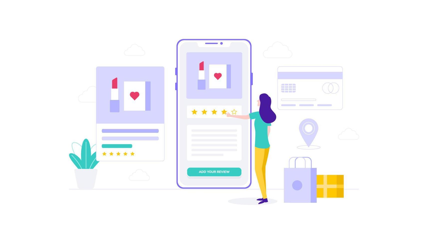 mulher de comércio eletrônico dá classificação de compras on-line no aplicativo móvel. ilustração vetorial plana vetor
