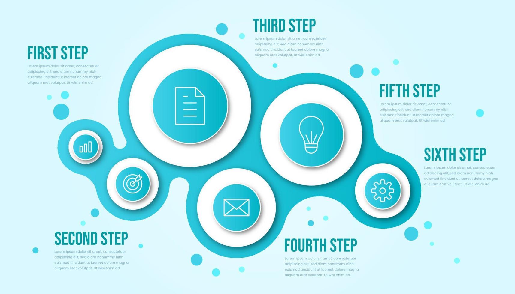 infográfico de negócios seis etapas. modelo infográfico de linha do tempo de bolha moderna com tosca ou tema de cor azul. vetor