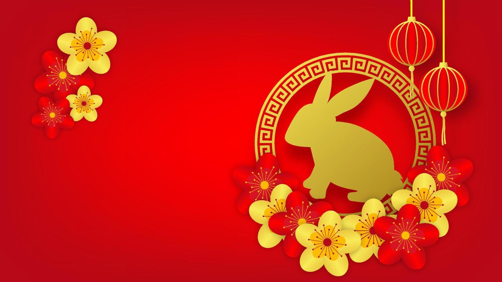 conceito de ano novo lunar. coelho de ouro com lanternas e flor da sorte decorativa em fundo vermelho com espaço em branco vetor