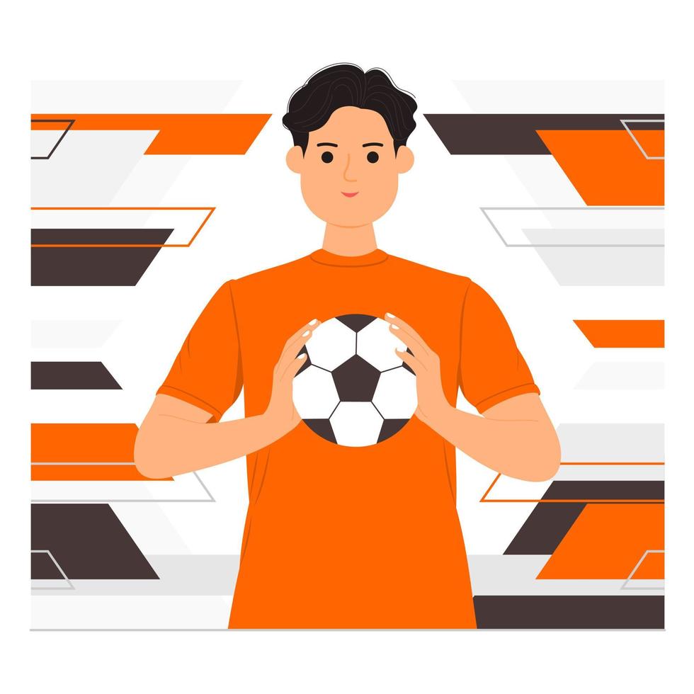 jogador de futebol feliz segurando ilustração de bola de futebol vetor