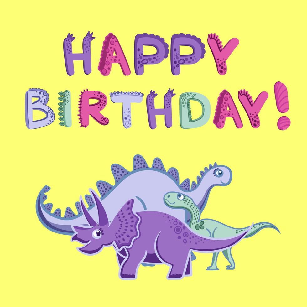 feliz aniversário inscrição alfabeto infantil. letras dino. cartão, bandeira. ilustração vetorial. estilo de desenho animado. vetor