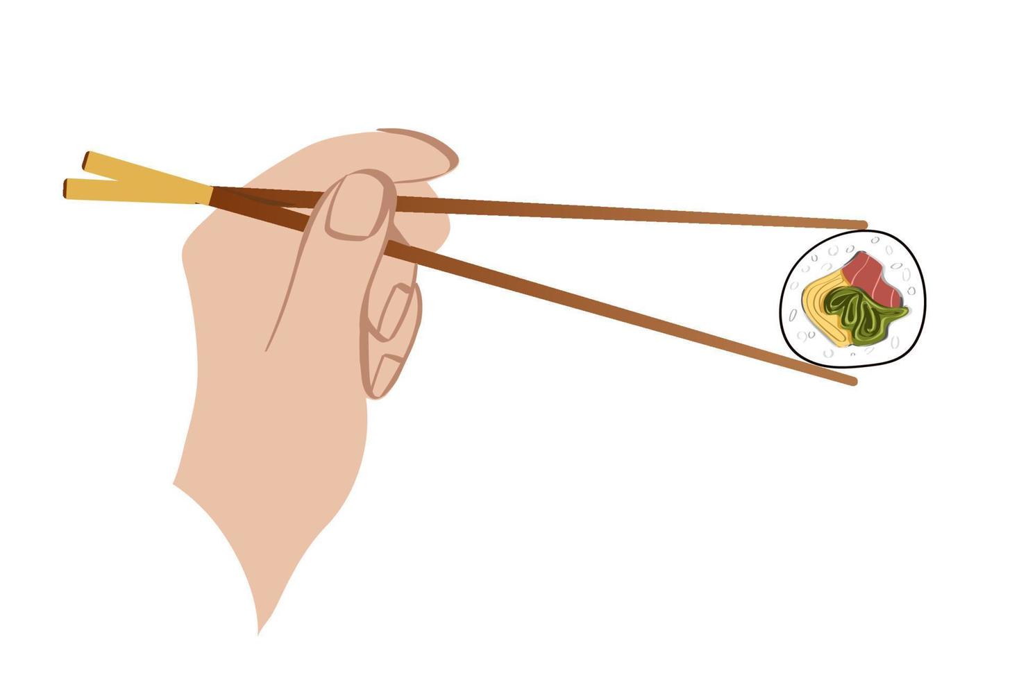 segurando os pauzinhos com rolo de sushi em fundo branco. cartaz, logotipo, plano de fundo ou ícone. logotipo de sushi japonês para design de conceito. estilo plano. ilustração vetorial. vetor