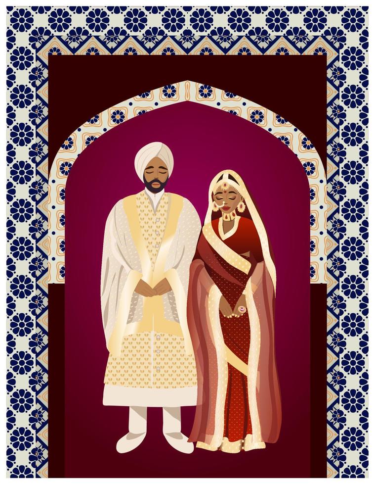 design de cartão de convite de casamento indiano. casal em personagem de desenho animado tradicional vestido indiano, ilustração vetorial. vetor