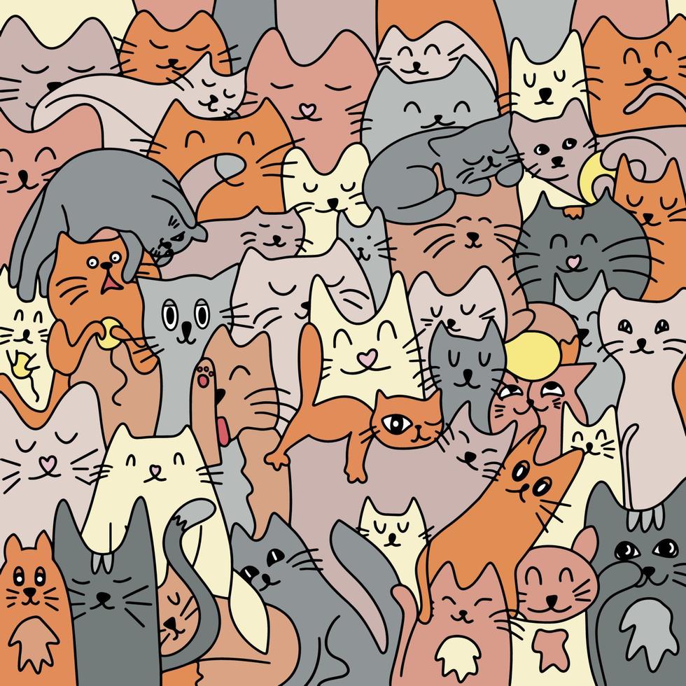 muitos gatos bonitos e coloridos. fundo de gatos. gatos fofos e engraçados doodle conjunto de vetores. coleção de personagens de desenho animado de gato ou gatinho em estilo plano em poses diferentes vetor