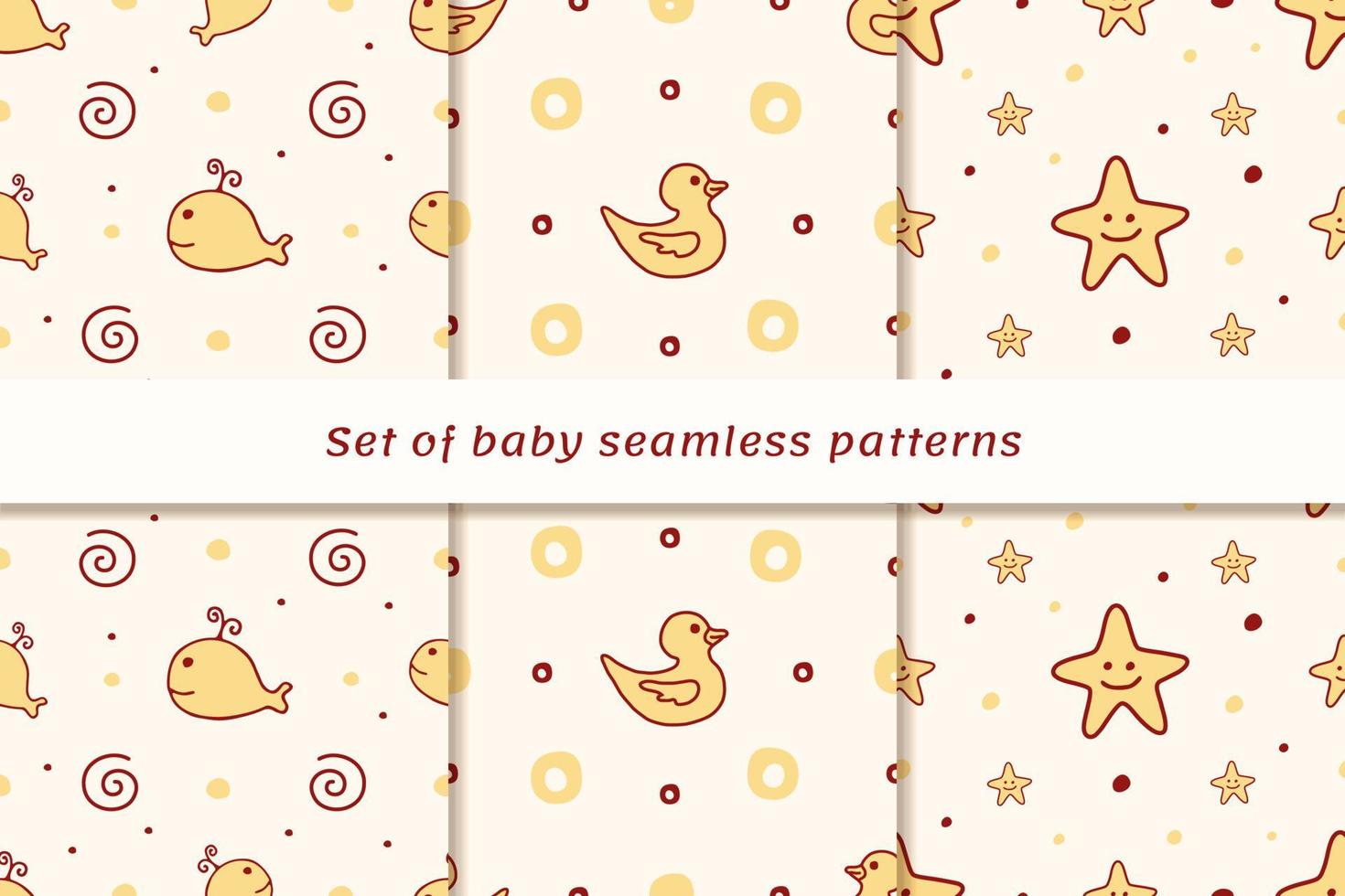 conjunto de três padrões perfeitos com baleias fofas, patos e estrelas em fundo amarelo. bom para tecido de bebê, papel de parede ou embrulho. vetor