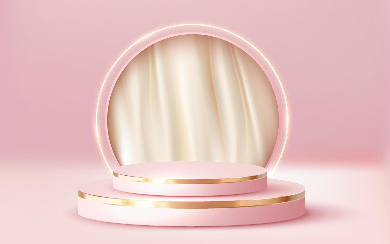 pódio de ouro rosa de luxo renderizado em 3D com vitrine de creme de cortina branca vetor fundo rosa 3d 051222