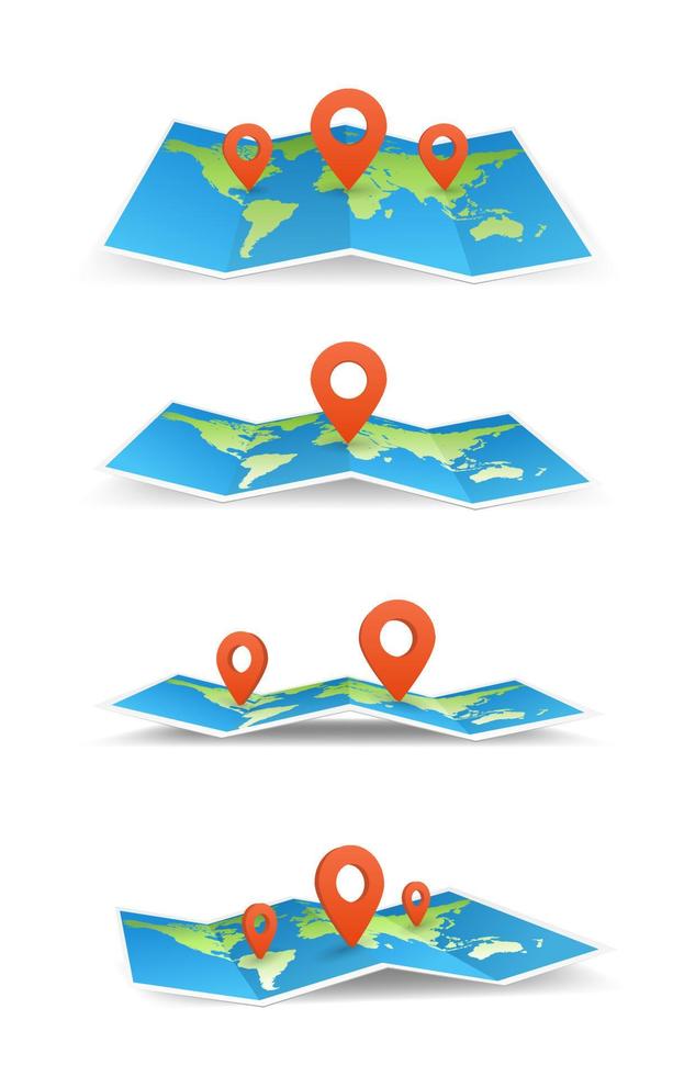 coleção de mapas geográficos. mapa-múndi dobrável com marca de lugar pinado. dobre o folheto de papel do mapa de topografia. ponteiro de pontos de ilustração vetorial realista de desenho animado equipamento turístico. conjunto de folha de papel vetor