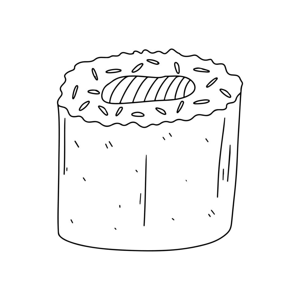 rolo com salmão no estilo doodle desenhado na mão. ilustração vetorial isolada em um fundo branco. comida asiática. vetor