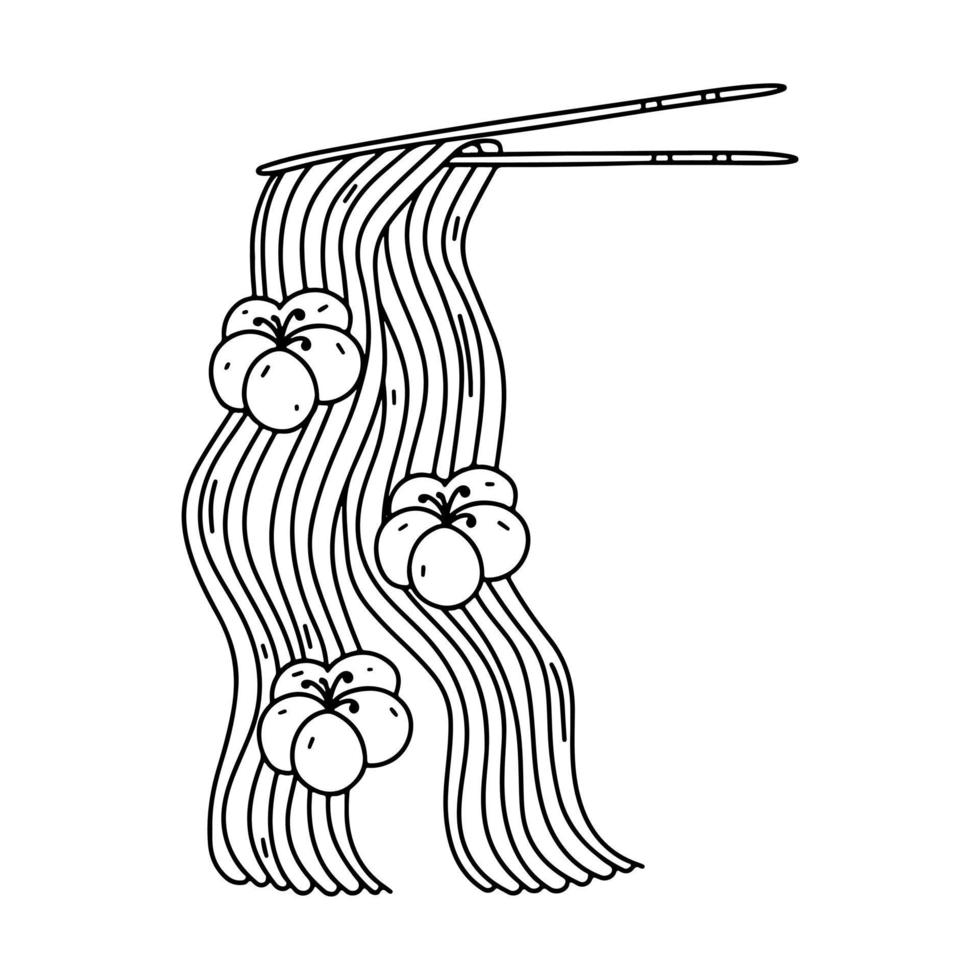 pauzinhos com macarrão no estilo doodle desenhado à mão. ilustração em vetor decorativo refeição asiática.