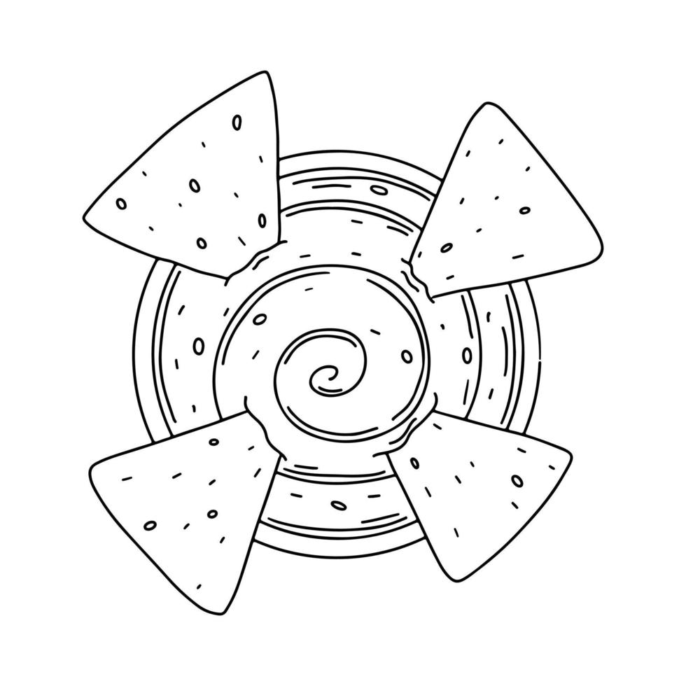 nachos mexicanos chips de milho com molho de salsa no estilo doodle desenhado à mão. vista do topo. ilustração vetorial para menu de restaurante, rótulo, banner. vetor