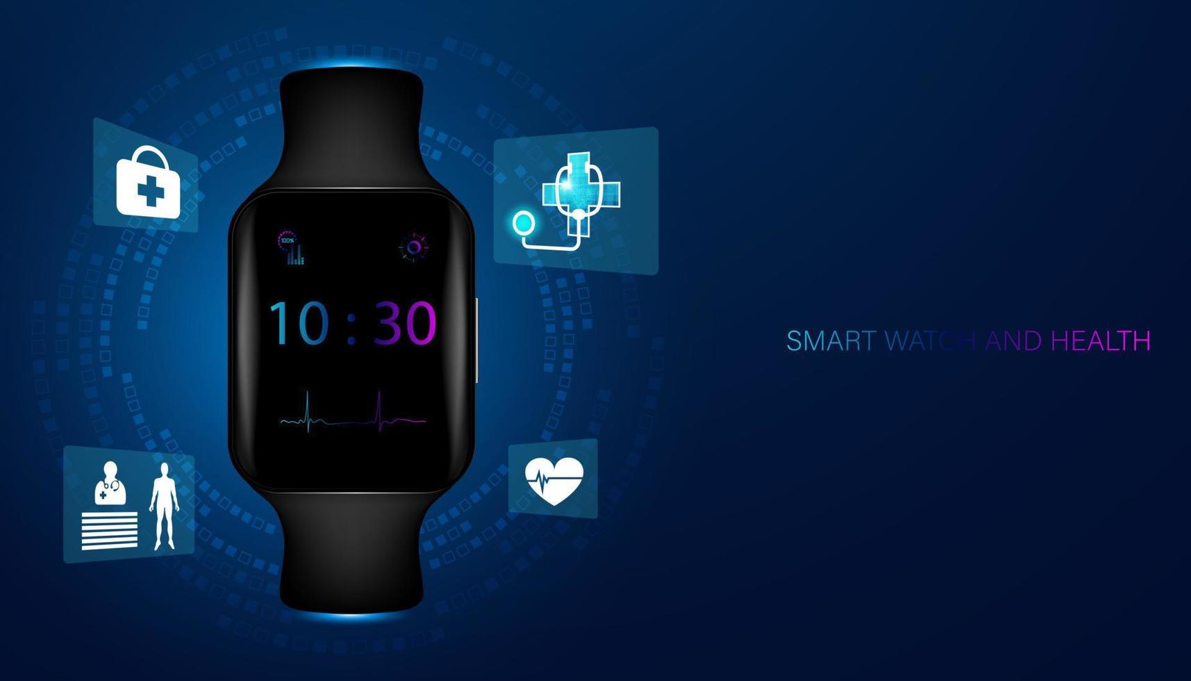 rastreamento de saúde de relógio inteligente abstrato e notificações de cuidados de saúde em fundo futurista moderno vetor