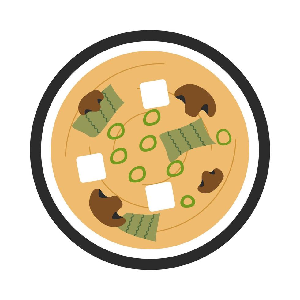 ilustração de vista superior da sopa de missô vegana com tofu de cogumelos e algas marinhas. ilustração em vetor estoque isolada no fundo branco. estilo simples