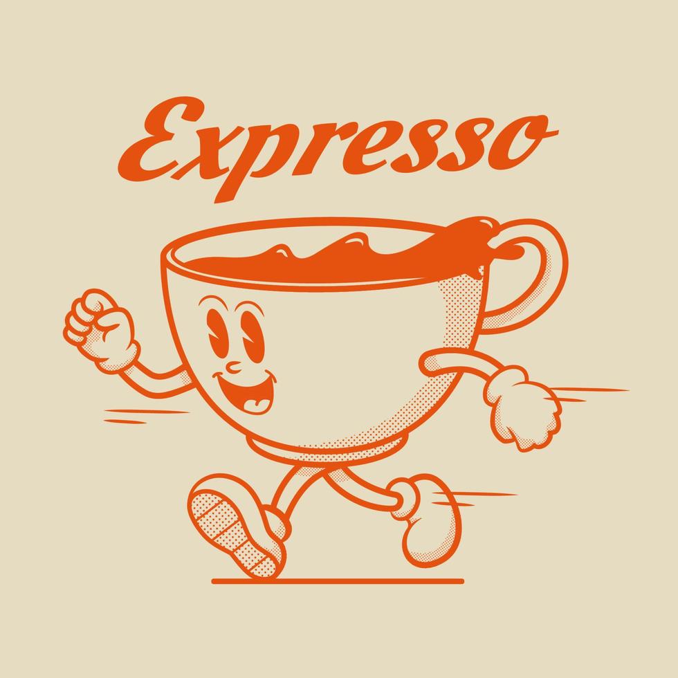 personagem de xícara de café expresso, personagem de mascote retrô vetor