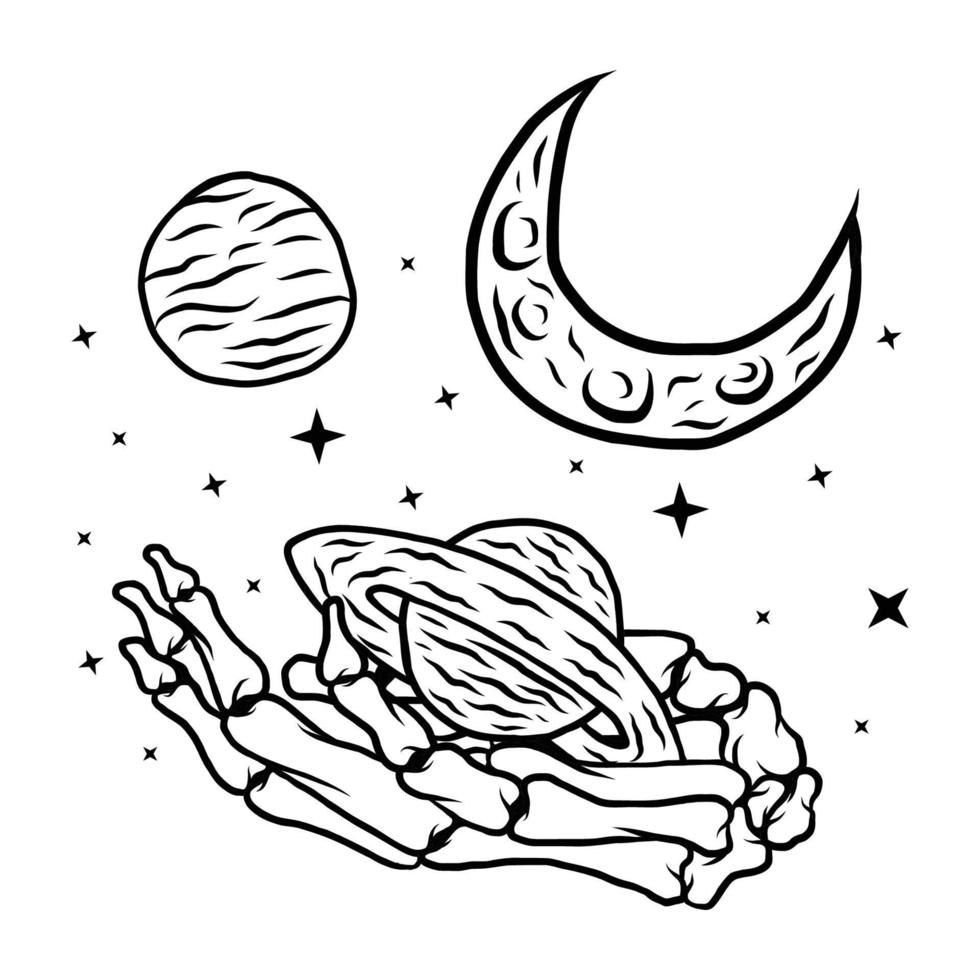 planetas em um esqueleto mãos ilustração de camiseta em vetor gráfico preto e branco