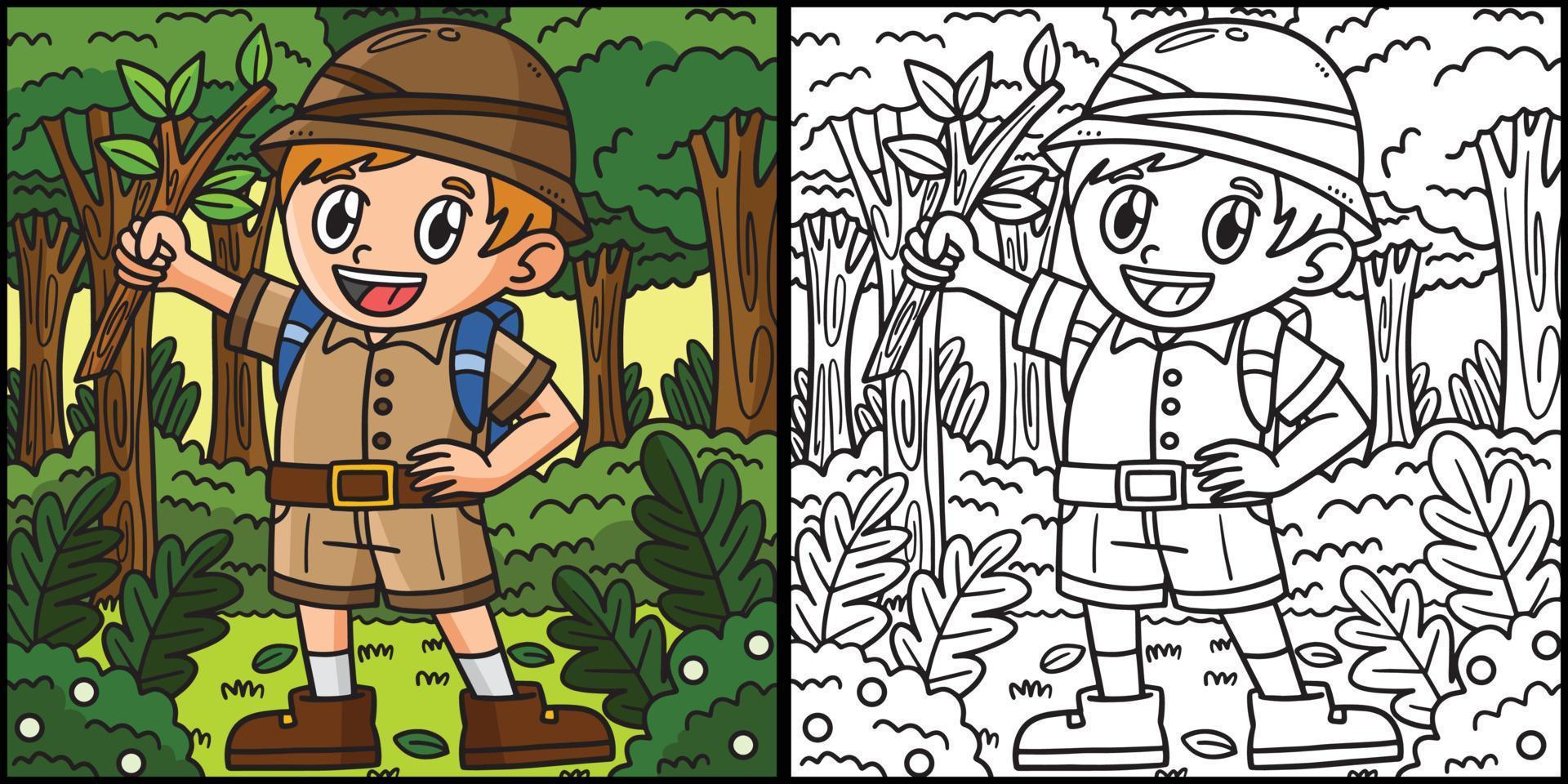 menino do dia da terra na floresta ilustração de página para colorir vetor